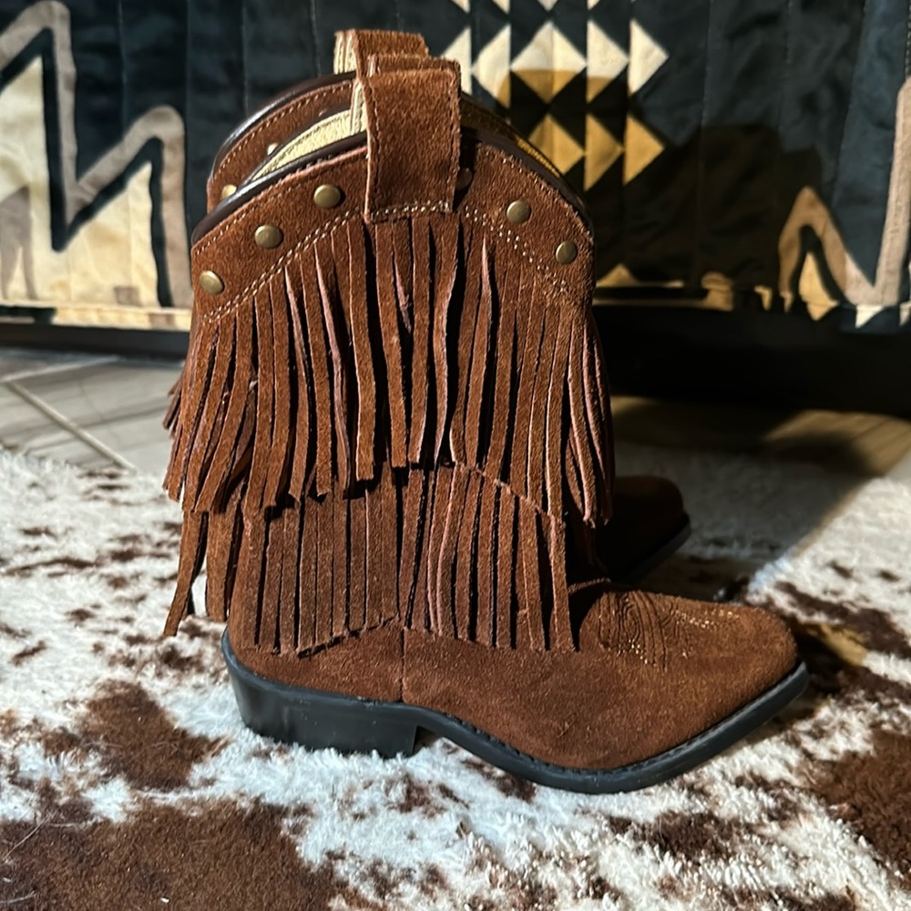 Toddler girls genuine leather fringe cowboy western boots